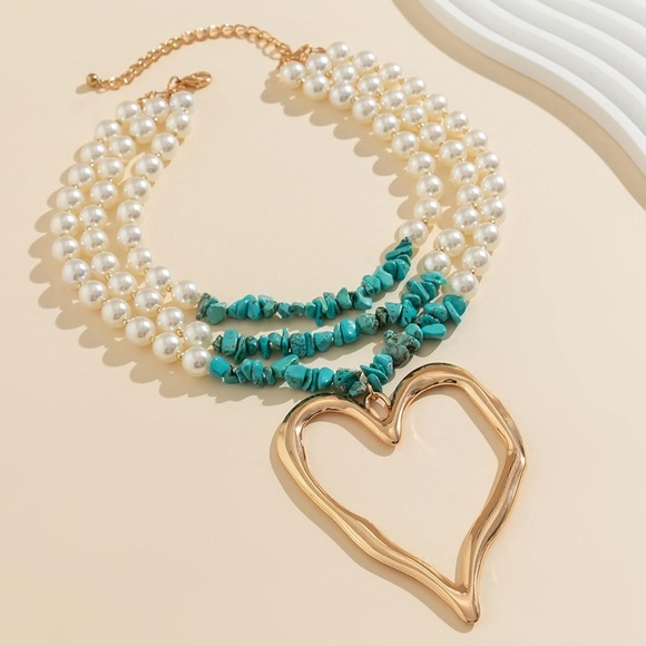 New! Amber Turquoise Heart Beaded Necklace (2010) NWOT - Picture 2 of 3